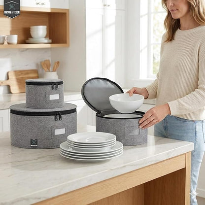 4-Piece Dish Storage Container Set – Hard Shell Dinnerware Organizer with Dividers for Plates, Stackable, and Ideal for Fine China Storage, Kitchen Organization & Moving Supplies – Grey