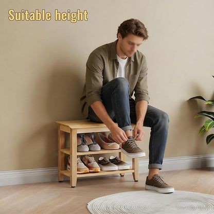 Wood Shoe Bench for Entryway,Bench with Shoe Rack,Storage Shoe Organizer for Hallway,Living Room,Bedroom (Natural, 23.62''W×11.81‘’D×17.71‘’H)