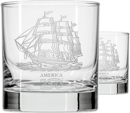 Rolf Glass America250™ Tall Ship On the Rocks Glass | 10oz Whiskey Glass | Made in America | Deep Engraved 13-Star Flag | Officially Licensed America250™ Product | Set of 2
