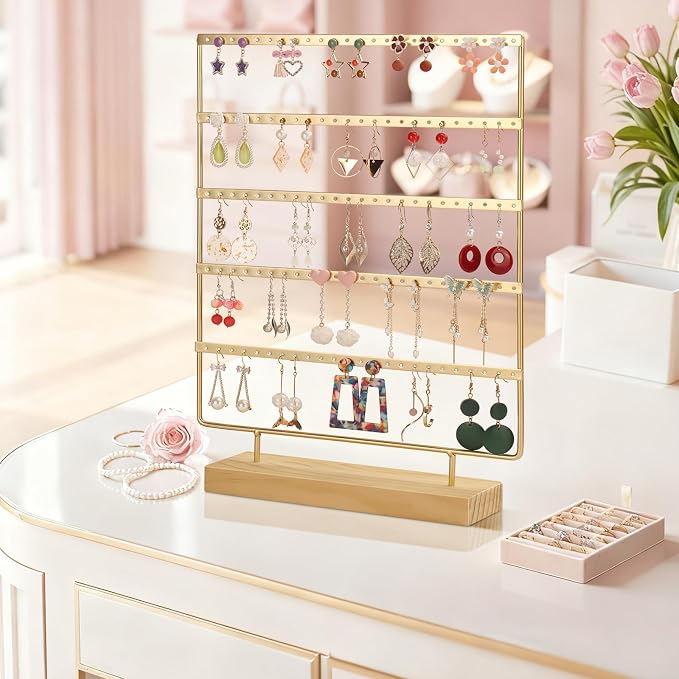 Earring Holder Organizer, 5-Tier Earring Organizer with 60-Pair Capacity, Wooden Base Metal Earring Display, Jewelry Storage & Display for Home Store, Suitable for Women