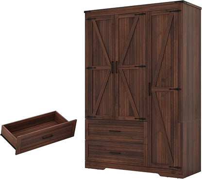 St.Mandyu Farmhouse Wardrobe Armoire Closet with 3 Doors and 2 Drawers, 70.1" Wooden Clothing Storage Cabinet, Freestanding Large Capacity Storage Wardrobe Armoire with Hanging Rod for Bedroom, Brown