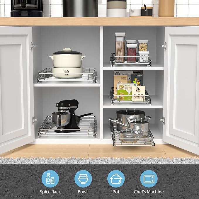 ZOINLIY Pull Out Cabinet Organizer, Versatile Slide Out Kitchen Organizers and Storage,Heavy Duty Drawer Cupboard Storage Basket, Smooth Sliding, Chrome Finish,22.8" W x 21" D