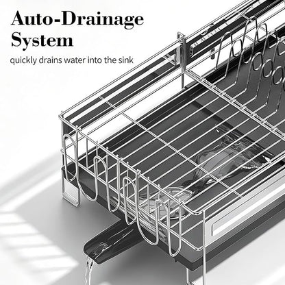 Delamu Large Dish Drying Rack, Stainless Steel Dish Racks for Kitchen Counter, Multifunctional Dish Drainer with Cutlery & Cup Holders, Extendable from 13.4 to 28.7 in, Black