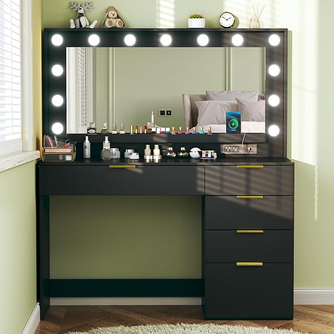Vanity Desk with Mirror and Lights, 39.3in Makeup Vanity Desk with 5 Storage Drawers & Power Outlet, Vanity with Large Mirror, 3 Color Lights Adjustable for Bedroom, Black