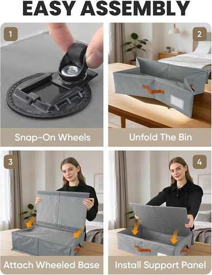 TOSKING 2-Pack Under Bed Storage Bins with Wheels, 4 Vacuum Bags, Heavy Duty 80 lbs, 7.9" Height, 47L Clear Lid Organizer, Space Saver for Dorm Bedroom Clothes Shoes Toys, Quick Assembly, Gray