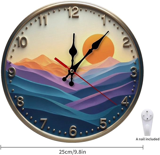 Wall Clock， Sunset Landscape Non Ticking Wall Clocks Battery Operated， Gold Wooden Wall Clocks for Kitchen， Living Room， Bedroom， Office， Bathroom Decorative 25 * 25cm