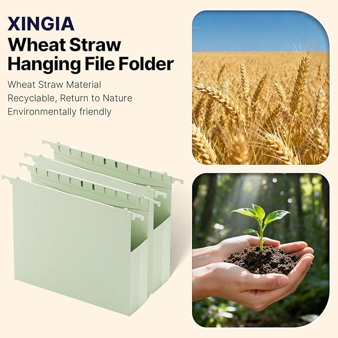 XINGIA Wheat Straw Plastic Hanging File Folders Letter Size,Heavy Duty 2 Inch Expansion,12 Pack Extra Capacity Hang Folders for Filing Cabinet,File Organizer with Insertable Tabs(Morandi Green)