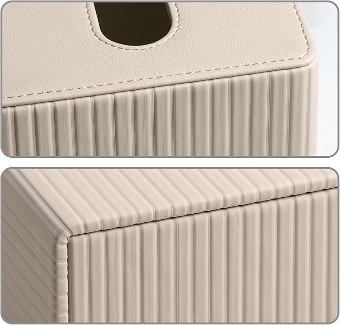 MEIBOOCH PU Leather Tissue Box Cover Square Tissue Box Holder with Magnetic Closure (Beige Stripe)