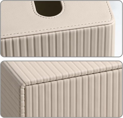MEIBOOCH PU Leather Tissue Box Cover Square Tissue Box Holder with Magnetic Closure (Beige Stripe)