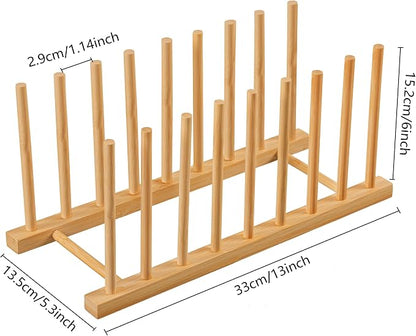 HBlife 2pcs Heighten and Widen Bamboo Dish Dying Rack Pot Lid Plate Organizer Holder for Cabinet, Cutting Board Stand Drainer Storage Plate Rack for Dish, Pot Lid, Bowl, Cup, Cutting Board and Books