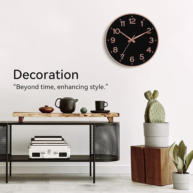 Roymnie Wall Clock, Silent Wall Clocks Battery Operated 8 Inch-Modern Non Ticking Analog Clock Decorative for Kitchen Office Bathroom Bedroom(Black Rose Gold)