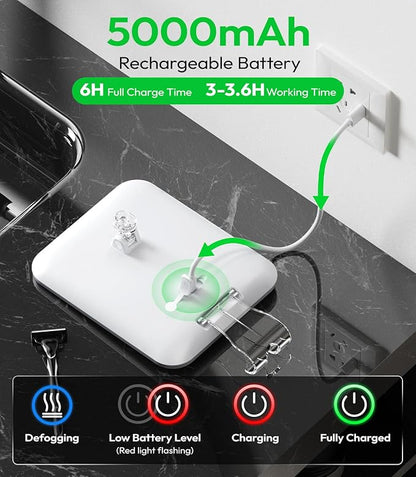 Lighted Shower Mirror Fogless for Shaving with Light, 5000mAh Heated Fogless Mirror for Shower, Detachable Razor Holder and Suction Cup for Wall, NO-Drilling, Waterproof for Bathroom (White)