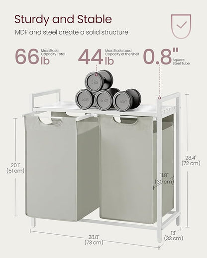 VASAGLE Laundry Hamper, Laundry Basket, Laundry Sorter with 2 Pull-Out and Removable Bags, Shelf, Metal Frame, 2 x 12.1 Gallons (46 L), 28.8 x 13 x 28.4 Inches, Cream White and Cloud White UBLH201W01