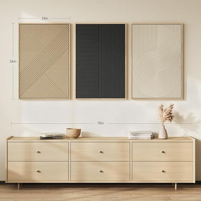 Framed 3D Textured Boho Abstract Wall Art for Living Room, Large 3 Piece Modern Neutral Minimalist Artworks, Black and Beige Geometric Sandstone Prints for Entryway Hallway Office Wall Decor, 24x36 In