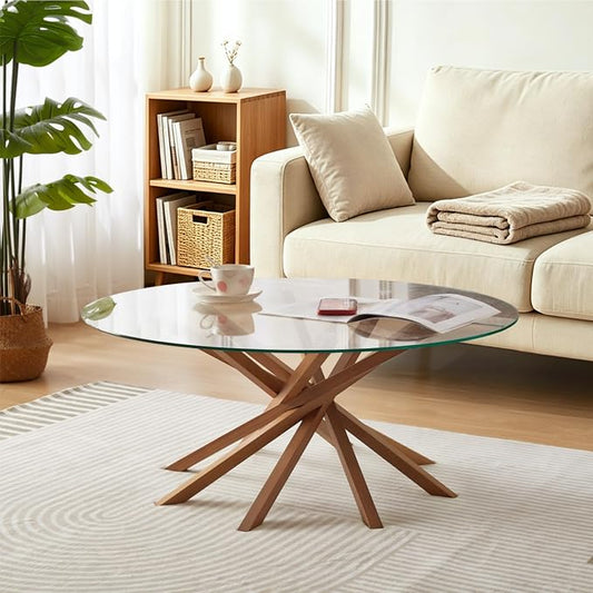 Round Glass Coffee Table-Mid Century Modern Solid Wood Coffee Table | Unique Glass Top&Solid Wood Mortise Interlocking Starburst Legs Design for Living Room,Office,Hotel Lobby