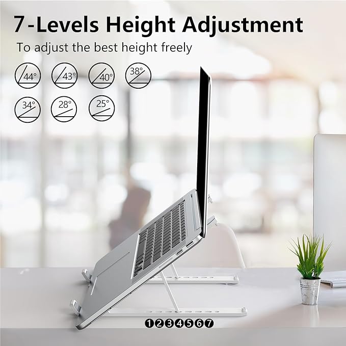 Tonmom Laptop Stand for Desk, Adjustable Laptop Riser ABS+Silicone Foldable Portable Notebook Holder, Ventilated Cooling Notebook Mount Computer Stand for 10-15.6” Laptops,Tablets-White