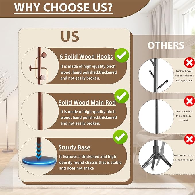 Solid Wooden Coat Rack Stand, Coat Racks Freestanding with 6 Hooks, Natural Birch Wood Coat stands with Sturdy Round Base, Tree Coat Hanger Standing for Entryway Bedroom Office (Tree Design3)