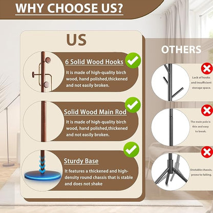 Solid Wooden Coat Rack Stand, Coat Racks Freestanding with 6 Hooks, Natural Birch Wood Coat stands with Sturdy Round Base, Tree Coat Hanger Standing for Entryway Bedroom Office (Tree Design3)