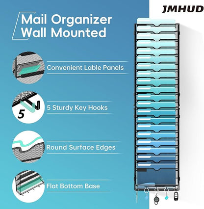 21-Tier Hanging Wall File Organizer with 5 Hooks, Wall File Holder with Labels, Vertical Wall Mount Mail Organizer for Papers, Folders, Magazines, Office Organization, Assembly Needed, Black