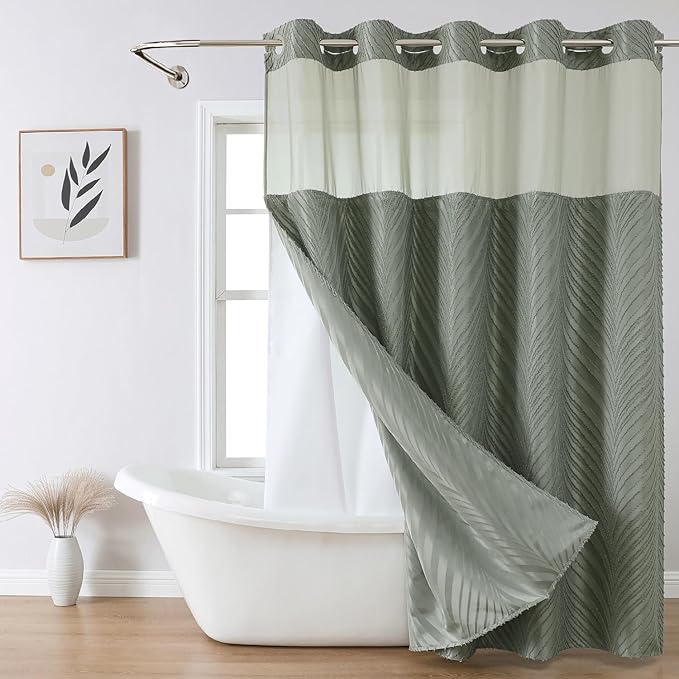 no Hook Shower Curtain and Liner Set，Boho Style with See Through Top Window, Black Fabric Tufted Striped Textured Outer Curtain & Waterproof Inner Liner, SageGreen, 71Wx80H