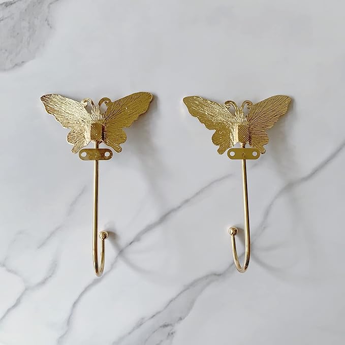 Vintage Butterfly Decorative Wall Hooks Rack Hangers for Hanging Clothes Coats Towels Keys Hats, 2 Pack Antique Metal Mounted Wall Hook