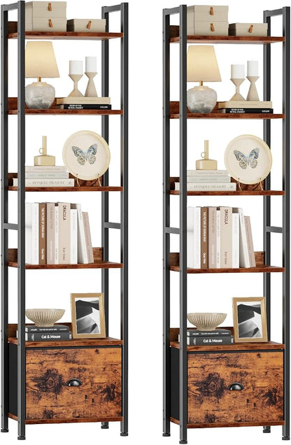 Furologee Book Shelf Set of 2, 6 Tier Tall Shelf with Drawer, Bookshelves and Bookcases Set of 2, Industrial Display Shelving Unit for Bedroom, Living Room, Home Office, Rustic Brown