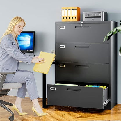 4 Drawer File Cabinets for Home Office, Metal Filing Cabinet with Lock, Black Locking File Caninet Four Drawer, Office Storage Caninets Steel Cabnet for Letter/Legal/A4/F4-Assembly Required