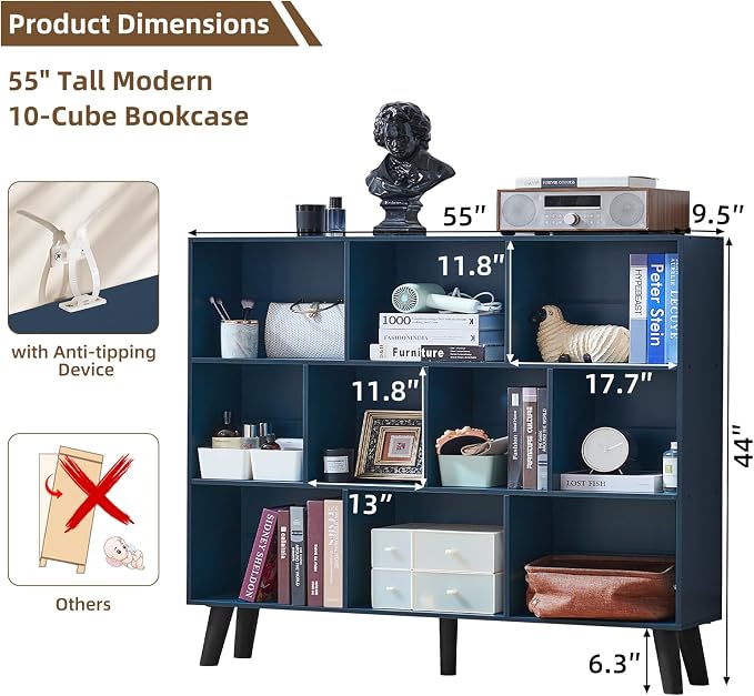 LEYAOYAO 10 Cube Bookshelf, 3 Tier Vintage 55" Wide Bookcase with Legs, Mid-Century Wood Bookshelves Storage, Dark Blue Large Book Case, Freestanding Organizer Display Shelf for Living Room, Office