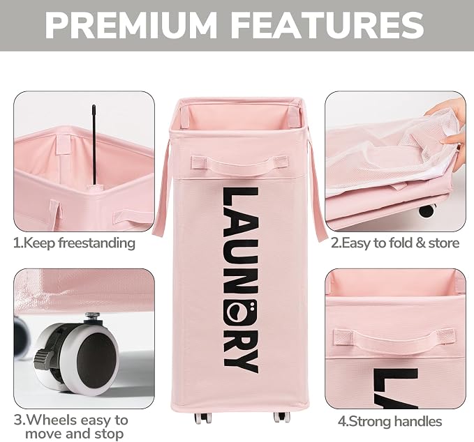 Goodpick Pink Laundry Baskets with Wheels 2-Pack, 75L Rolling Laundry Basket with Removable Wash Bags, Large Laundry Hamper for Corner Dorm, Collapsible Laundry Basket on Wheels