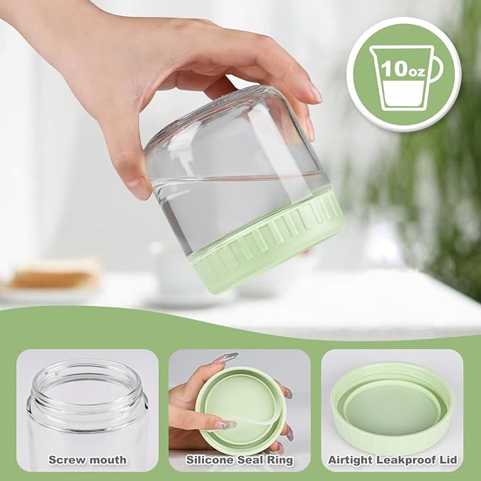 SHOWIN Overnight Oats Containers with Lids, 10oz Glass Jars with Lids 4 pcs, Light Green, Wide Mouth Mason jars for Salad, Yogurt, Snacks, Meal Prep