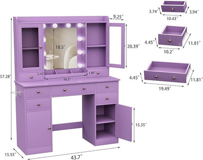 Vanity Desk with Mirror and Lights, Purple Vanity with Lighted Mirror & Power Outlet and 7 Drawers, 3 Color Modes Adjustable, Makeup Dressing Table Set with Lights for Girls Women
