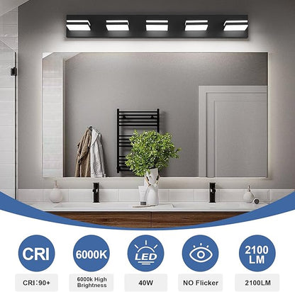 Modern LED Bathroom Lights Fixtures(5-Light),Metal Black Acrylic Wall Lighting,Vanity Lights for Bathroom Over Mirror(6000k 34in)