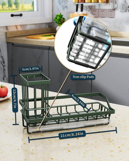 Consumest Sponge Holder for Kitchen Sink - Kitchen Sink Caddy Organizer with Removable Drip Tray for Countertop Dish Soap Dispenser Brush Storage Accessories 304 Stainless Steel, Green