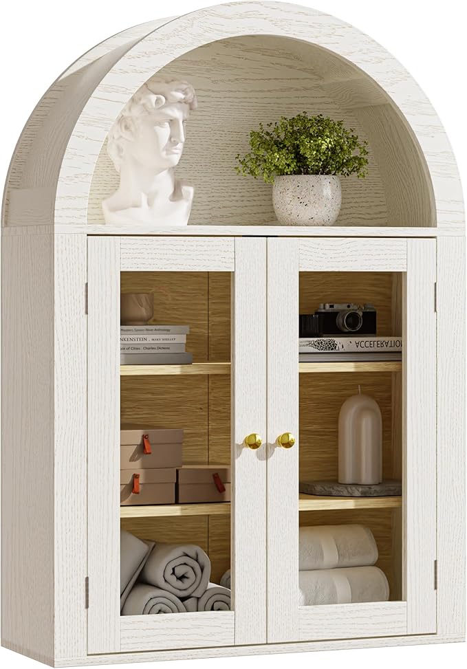 BREEZEHEAT Bathroom Medicine Cabinet Wall Mounted-Over The Toilet Storage Cabinet-Arched Wall Cabinet with Glass Doors & Adjustable Shelves, Wood Cabinet for Laundry Room, Kitchen, Living Room, Beige
