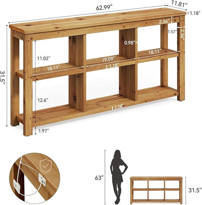 63-Inch Solid Wood Console Sofa Table, 3-Tier Narrow Farmhouse Entryway Table with 6 Storage Cubes for Living Room, Hallway, Brown