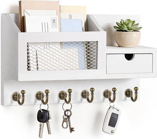 FifthQuarter Key and Mail Holder for Wall, Mail Organizer Wall Mount with 6 Hooks and Storage Drawer, Easy Installation Key Rack for Entryway and Home Decor (B-White)