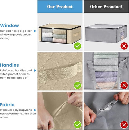 HomeHacks Storage 10-Pack Clothes Organizer Storage Bags Foldable Storage Box with Large Clear Window Sturdy Handles for Closet, Dorm, Pillows, Bedding, Clothes, Blankets, 35L, Beige