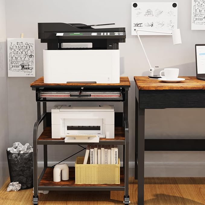 TFK 3-Tier Printer Stand with Drawer, Adjustable Shelf, Rolling Casters, 23.6 x 18.9 x 30 Inch Heavy Duty Printer Cart for Home Office, Large Printers, 3D Printers, Fax & Heat Press, Brown