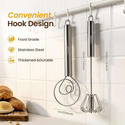 Danish Dough Whisk & Egg Whisk Set for Sourdough Bread, 2PCS Bread Dough Mixer for Sourdough, Pizza, Batter, Eggs & Cream, Heavy Duty Baking Whisks, 12-Inch