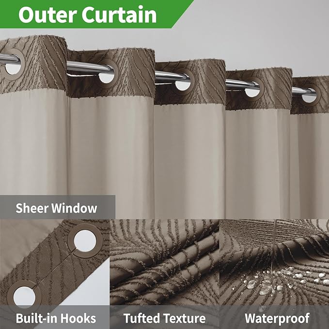 no Hook Shower Curtain and Liner Set，Boho Style with See Through Top Window, Brown Fabric Tufted Striped Textured Outer Curtain & Waterproof Inner Liner, Brown, 71Wx86H
