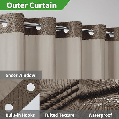 no Hook Shower Curtain and Liner Set，Boho Style with See Through Top Window, Brown Fabric Tufted Striped Textured Outer Curtain & Waterproof Inner Liner, Brown, 71Wx77H