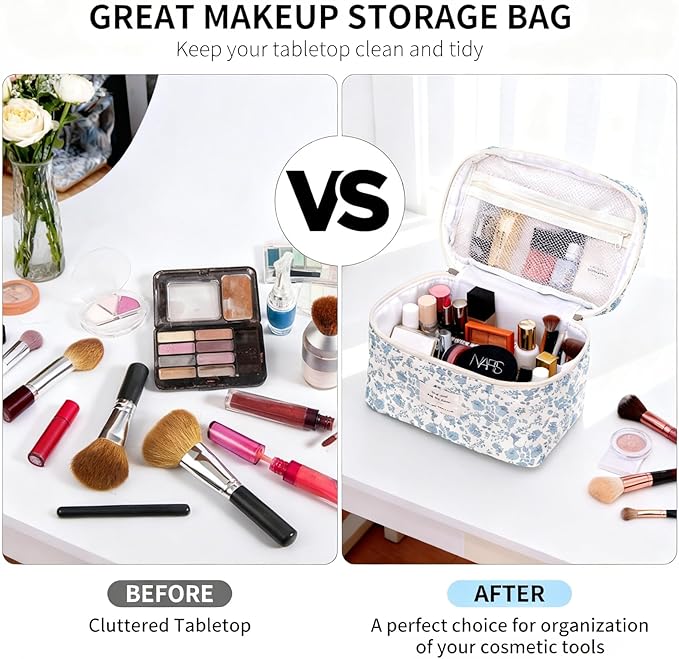 3PCS Makeup Bag,Quilted Cosmetic Bag,Large Floral Makeup Bag for Women,Cute Cotton Cosmetic Bag Set,Travel Toiletry Bag For Women(White blue)