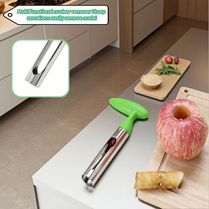 Premium Stainless Steel Apple Corer, Professional Fruit Core Remover Tool with Ergonomic Red Handle, Serrated Blades for Apples, Pears, Peaches, Plums, Easy Use & Clean (Green)