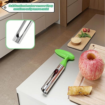 Premium Stainless Steel Apple Corer, Professional Fruit Core Remover Tool with Ergonomic Red Handle, Serrated Blades for Apples, Pears, Peaches, Plums, Easy Use & Clean (Green)