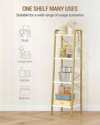 Ladder Shelf, Bookshelf Bookcase, Freestanding Corner Storage Shelve with 2 Hooks for Home Office, Living Room, Kitchen, Bedroom, Industrial, 11.8" D x 13.4" W x 47.2" H, White Gold BC13213G