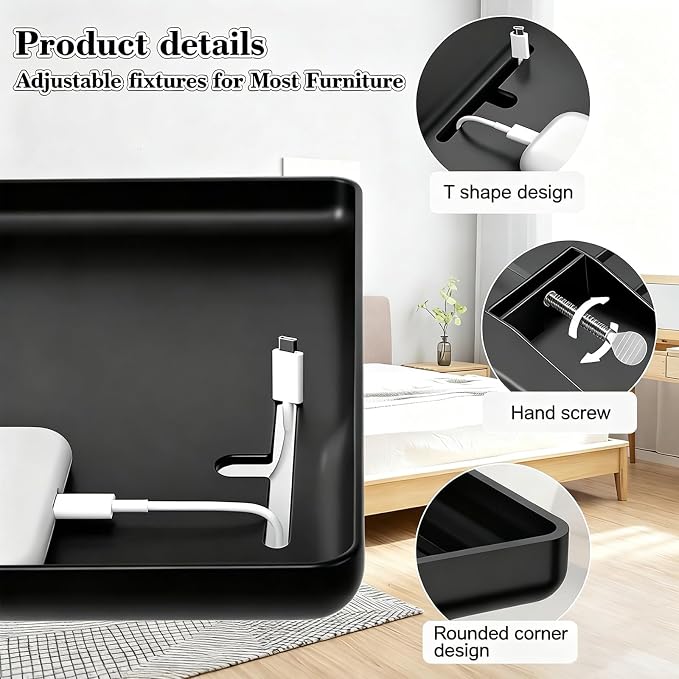 Bedside Shelf for Bunk Beds, Clip On Bed Table with Charging Cable Organizer, Floating Nightstand for Small Spaces, Dorm Room & Kids Room Essentials, Black