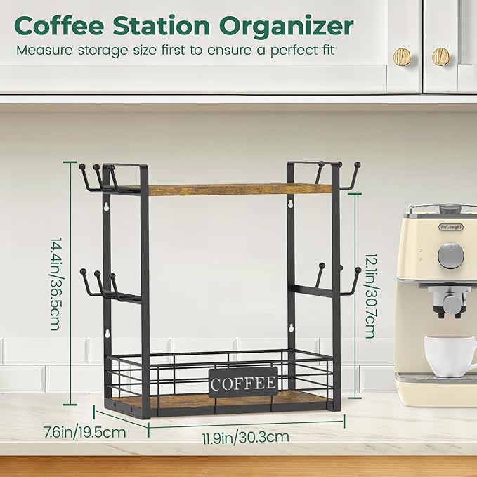 EsLuker.ly Coffee Mug Cup Holder Tree Bar Station Organizer, 2 Tier Mug Stand Rack for Countertop Kitchen, Storage Tower Display Shelf with 12 Hooks, Coffee Nook Enhancer, Vintage Brown Black