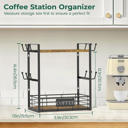 EsLuker.ly Coffee Mug Cup Holder Tree Bar Station Organizer, 2 Tier Mug Stand Rack for Countertop Kitchen, Storage Tower Display Shelf with 12 Hooks, Coffee Nook Enhancer, Vintage Brown Black