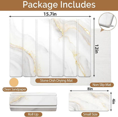 Small Stone Dish Drying Mat for Kitchen Counter, 15.7"×12" & 8"x4" Quick Dry Stone Mats, Foldable Water Absorbing Diatomaceous Earth Drying Dish Pad for Countertop Bottles Utensils Cup(Gold White)