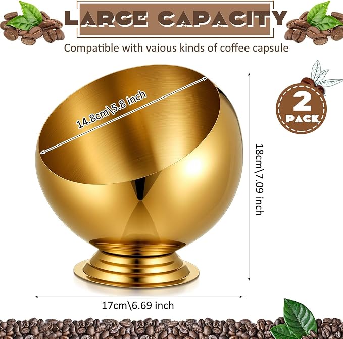 2 Pcs Large Capacity Coffee Pod Holder for Countertop, Metal Capsule Organizer for Coffee Bar and Kitchen, Open Storage Bowl for Single-serve Pods (Gold)